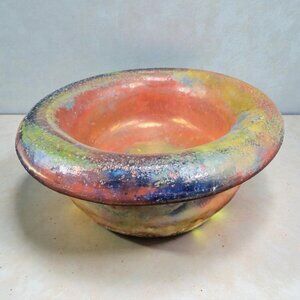 Hand Made Raku Pottery Abstract Round Dish Iridescent Glaze Small Bowl Signed
